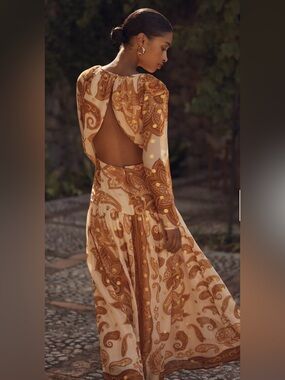 NWT- Farm Rio x Anthropologie Long-Sleeve Jacquard Maxi Dress